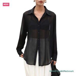 Sheer Mesh Button Down Blouse Long Sleeve See Through Shirt